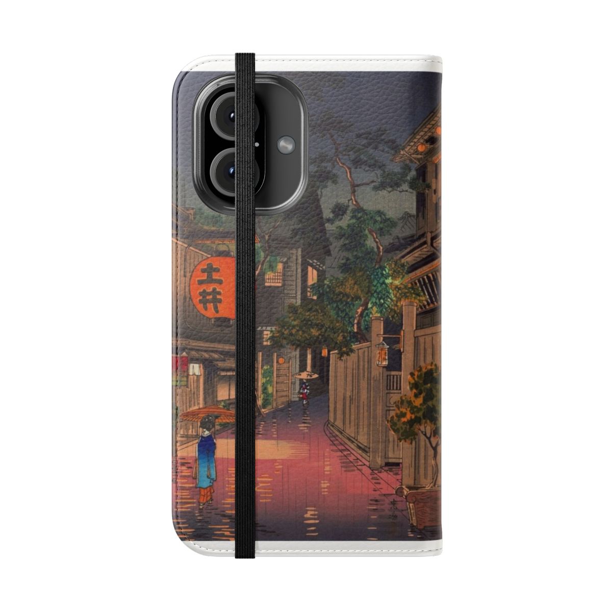 Flip cover phone case with a night street rain scene inspired by Japanese and Asian art - Folded Front