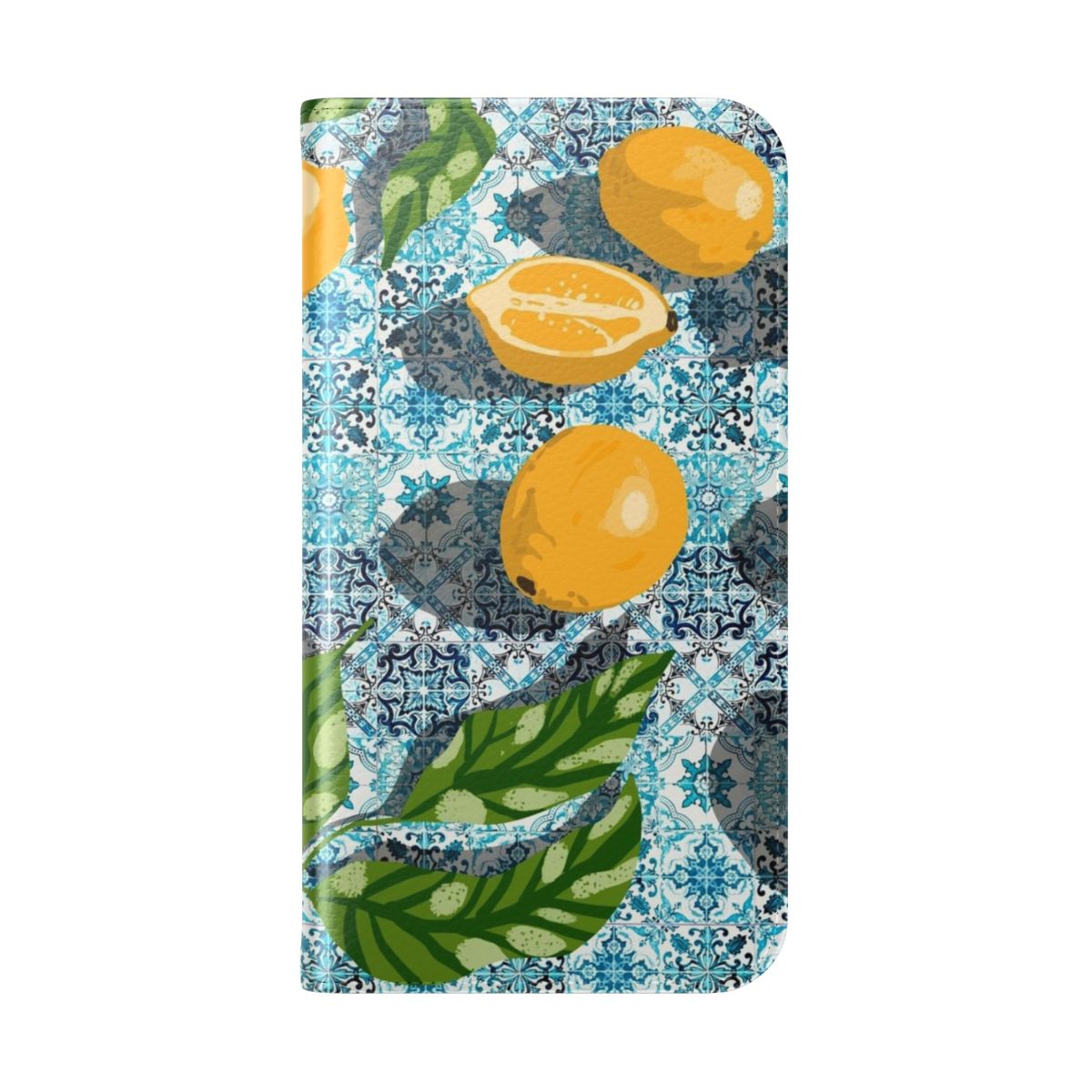 Colorful and eclectic phone case with a tropical lemon tile illustration in a bohemian style. - Folded Back