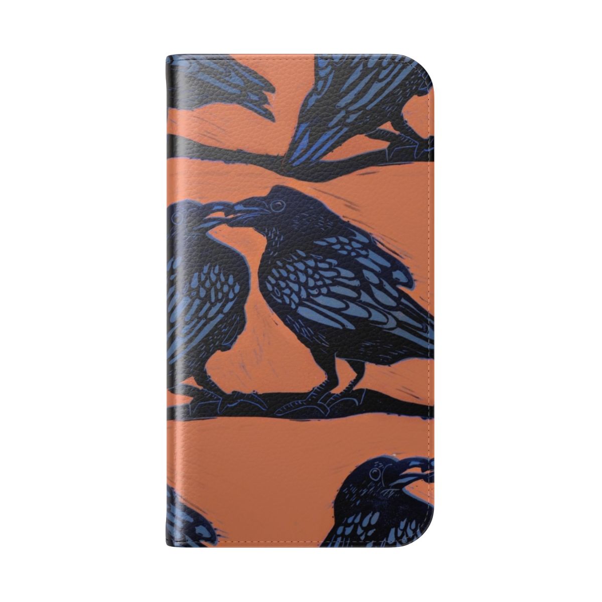 Close-up image of an orange and black crow pattern printed on a flip phone case. - Folded Back