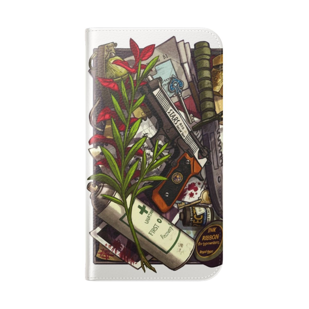 Resident Evil-themed flip phone case with video game icons and zombies - Folded Back