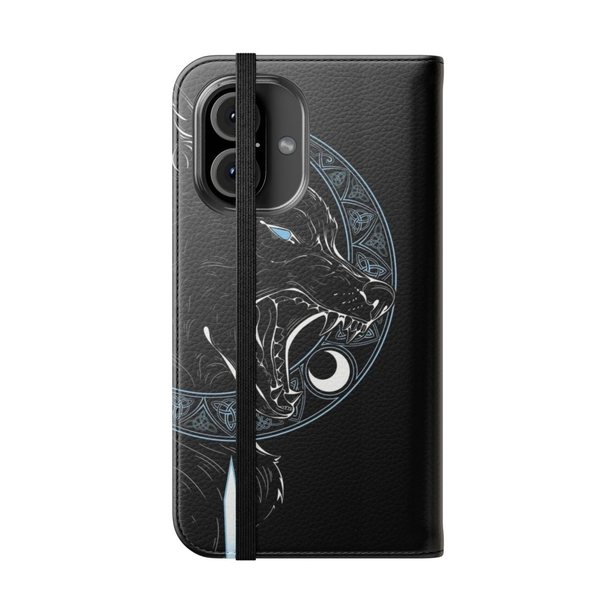 Flip phone case with Norse mythology-inspired graphic of wolves Hati and Sköll, stars, and northern lights - Folded Front