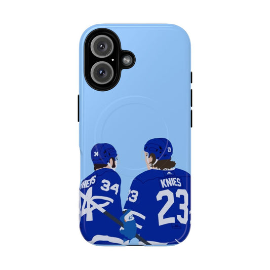 Magnetic tough phone case with graphics of Auston Matthews and Matthew Knies of the Toronto Maple Leafs hockey team.