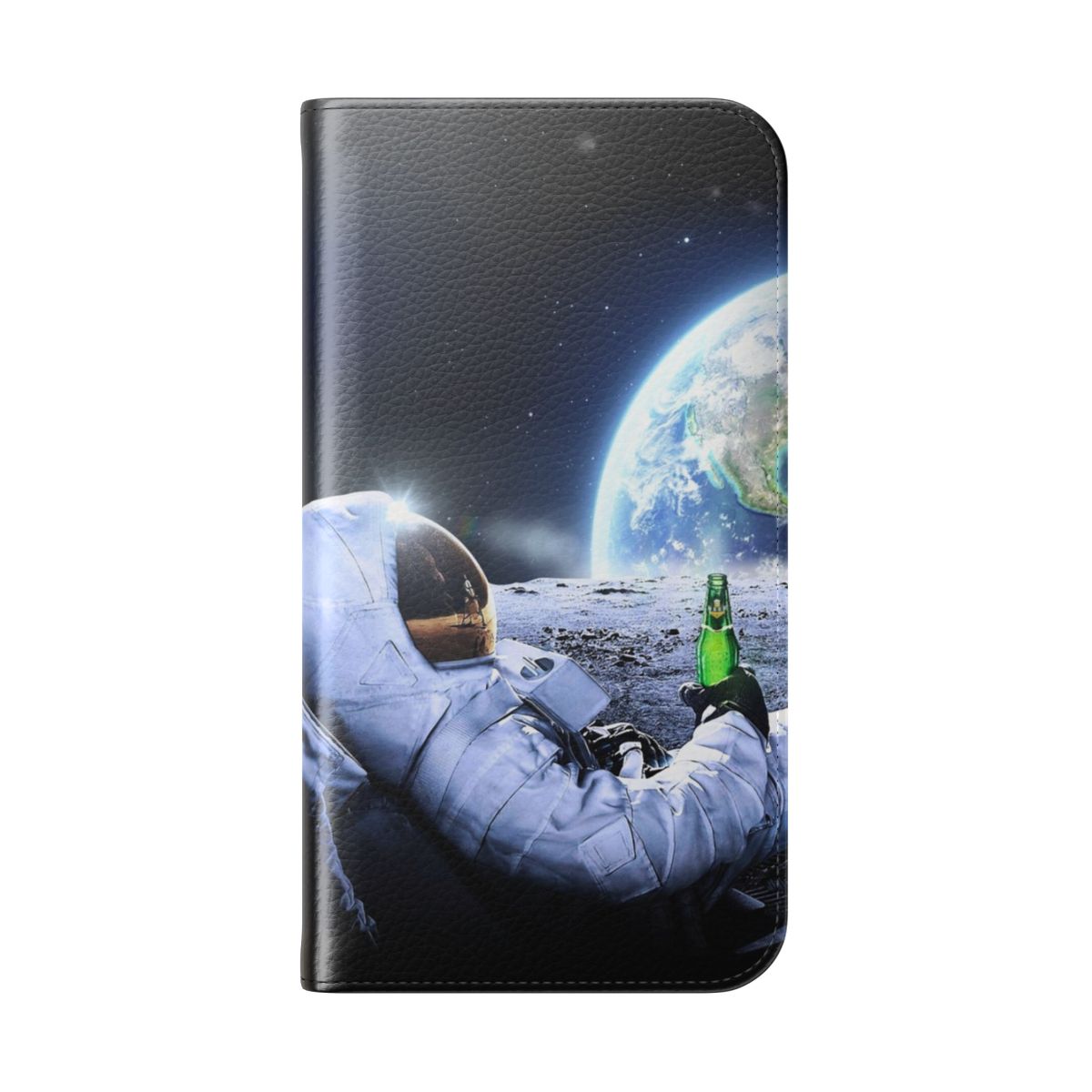 Flip phone case featuring a collage design with an astronaut and beer on the moon. - Folded Back