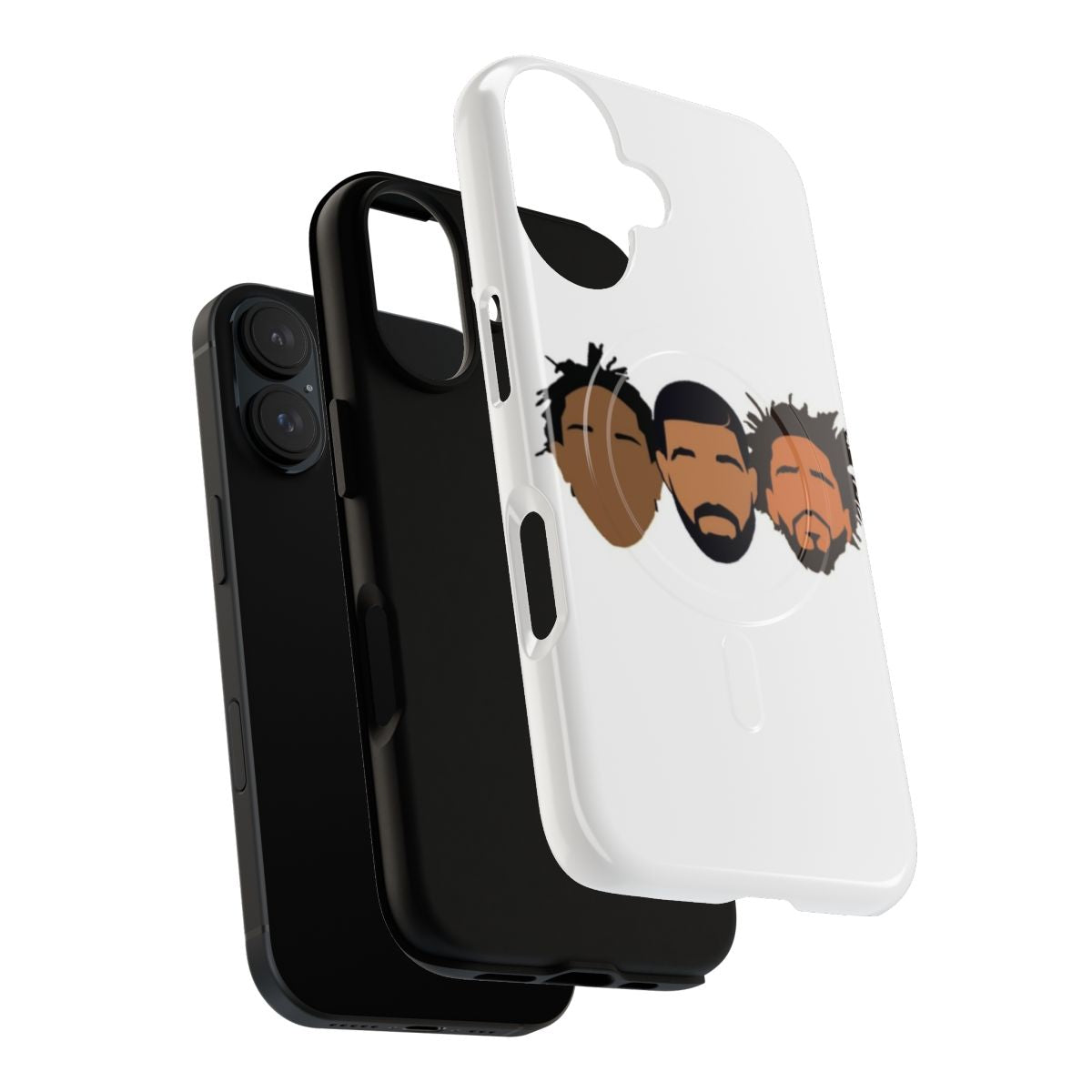 Colorful magnetic phone case featuring portraits of rap artists Kendrick Lamar, J Cole, and Drake - Layers