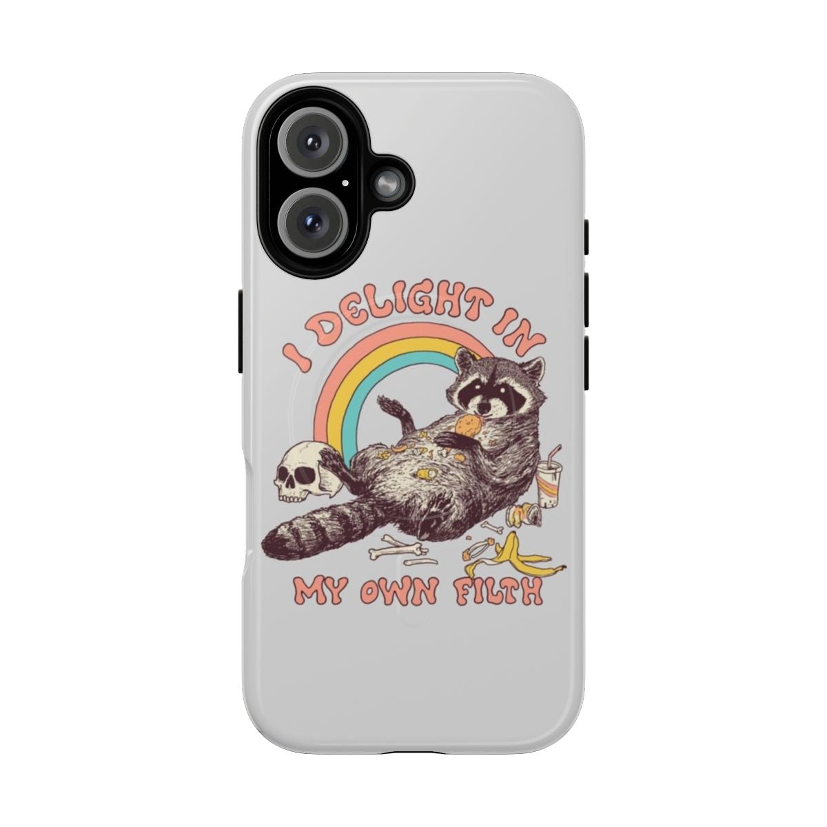 A phone case with a vintage, grungy design featuring a raccoon or "trash panda" surrounded by trash and filth.