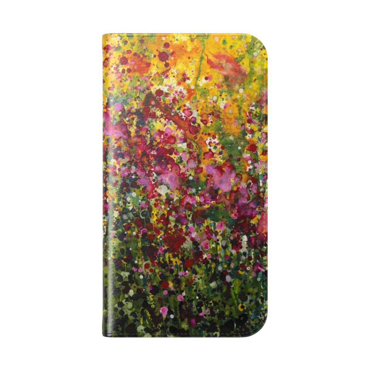 Colorful and artistic flip cover phone case featuring a vibrant floral and wildflower design - Folded Back