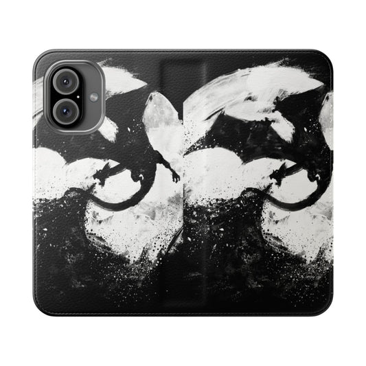 Enchanting fantasy flip cover phone case with dark night moon, dragon, and book cartoon designs