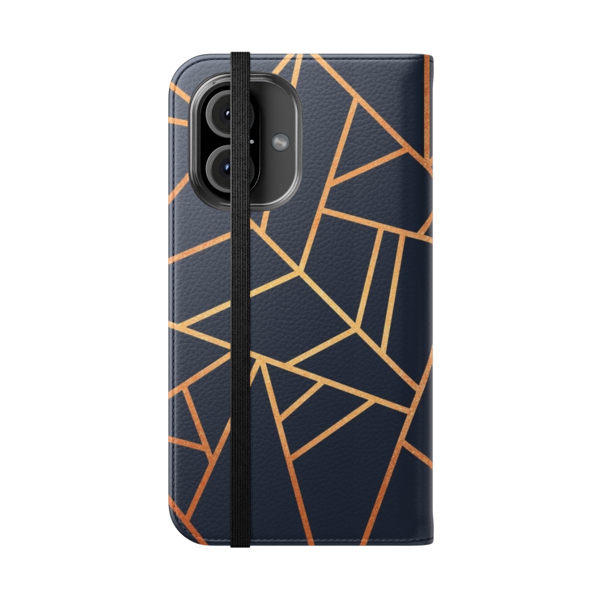 A stylish phone case featuring an abstract geometric pattern in copper and navy colors. - Folded Front