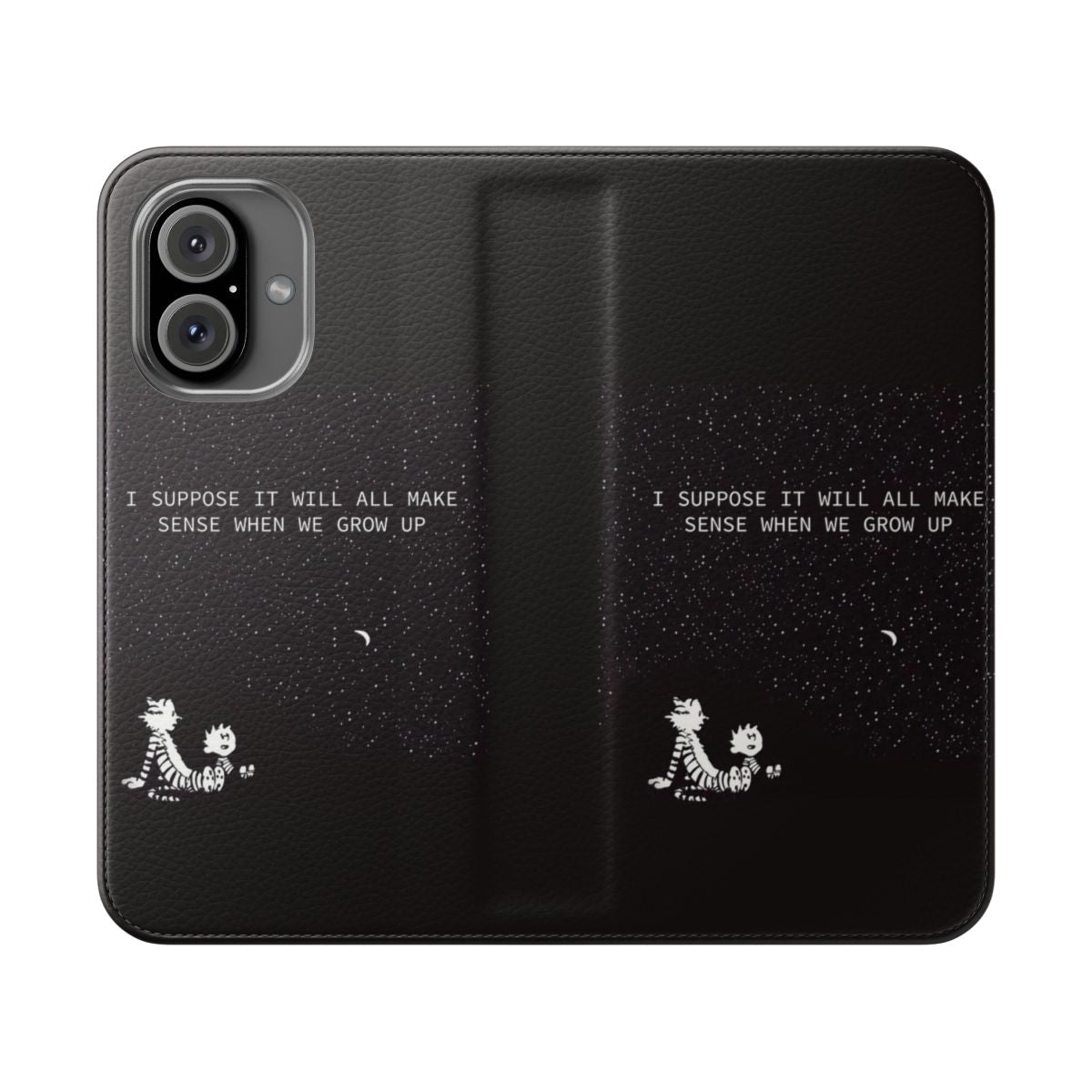 Flip cover phone case with Calvin and Hobbes character artwork