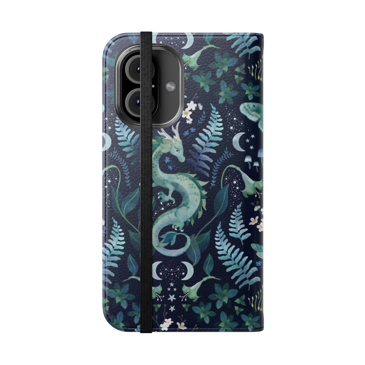 Artistic phone case featuring a mystic woodland dragon in watercolor shades of green and blue with floral and nature elements. - Folded Front