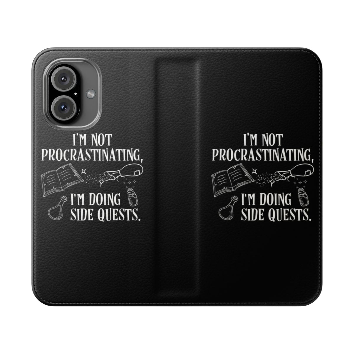 Fantasy gaming phone case featuring a flip cover design with the text "I'm not Procrastinating I'm Doing Side Quests"