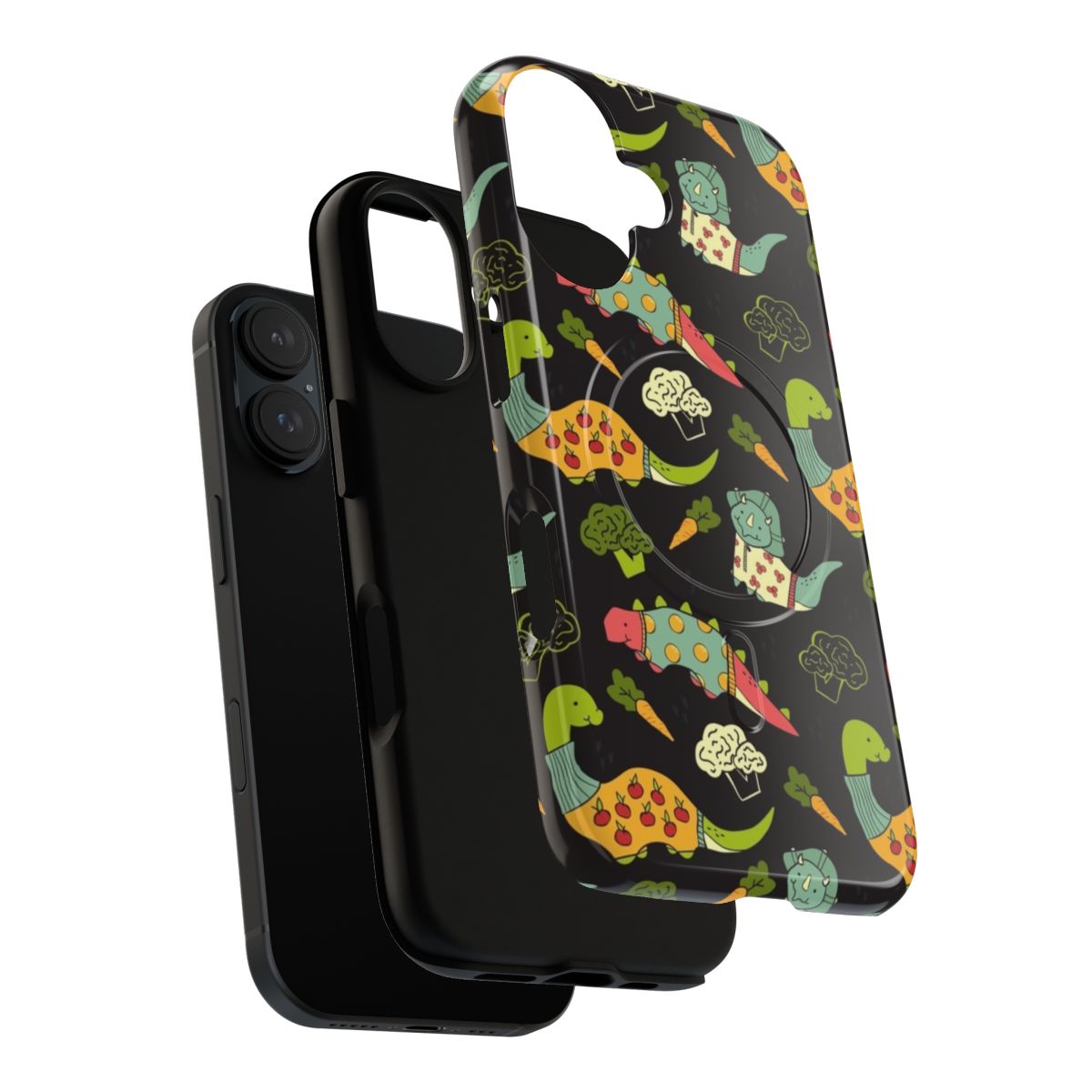 Bright colored phone case featuring dinosaurs and vegetables - Layers