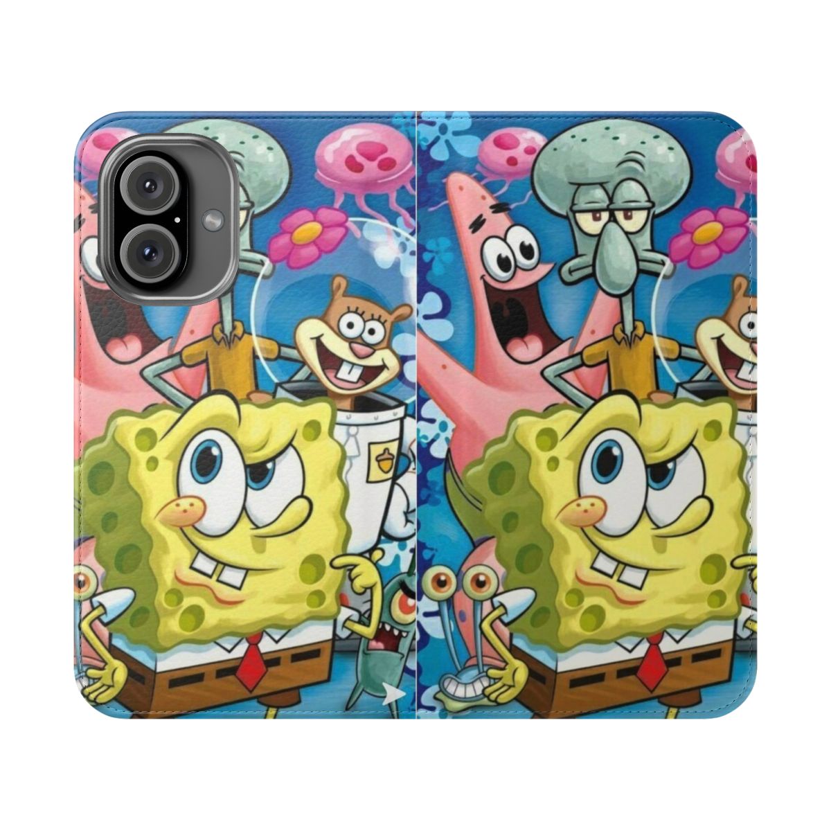 Vibrant spongebob squarepants-themed phone case with a protective flip cover