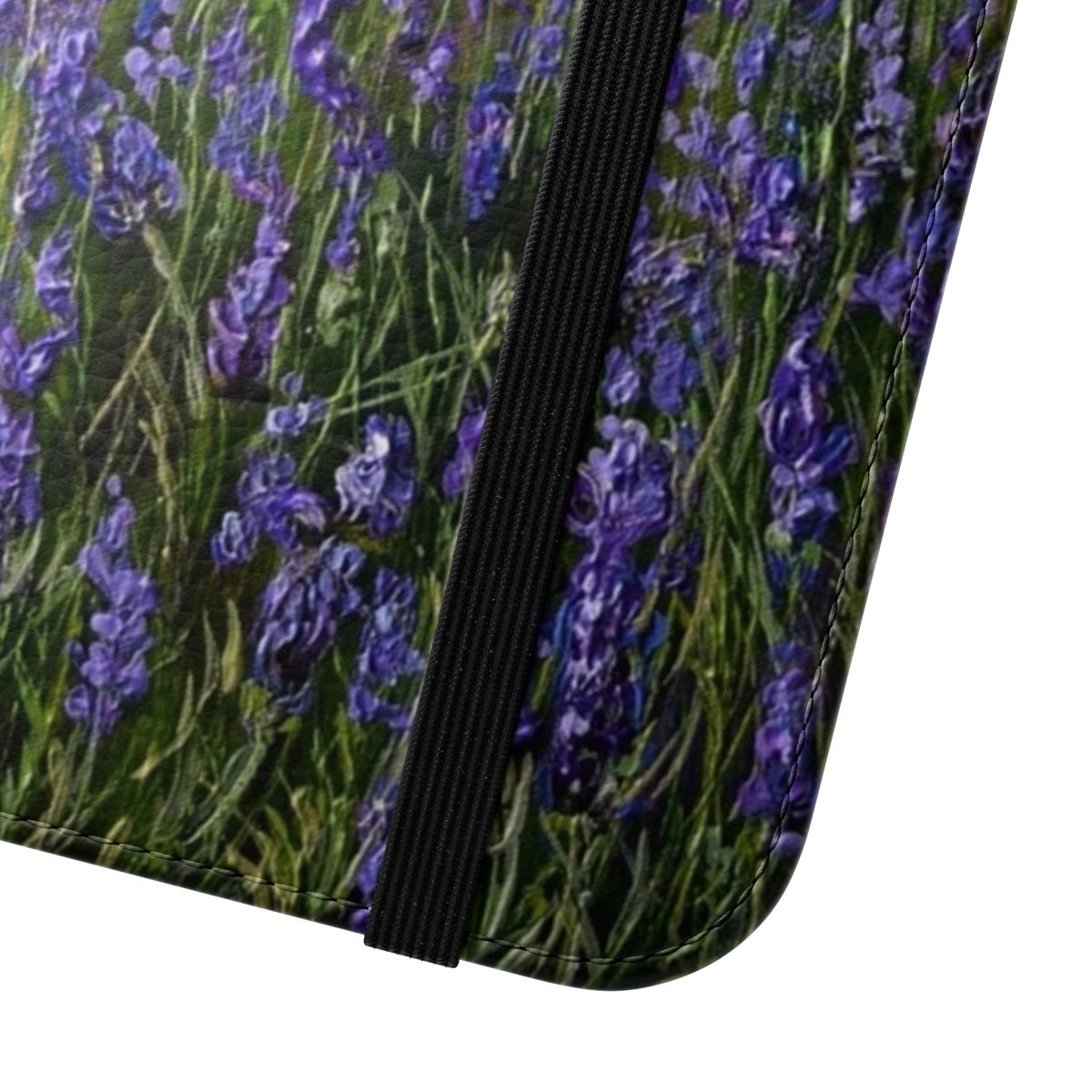 Lavender field-inspired flip cover phone case with a natural, floral design. - Close Up