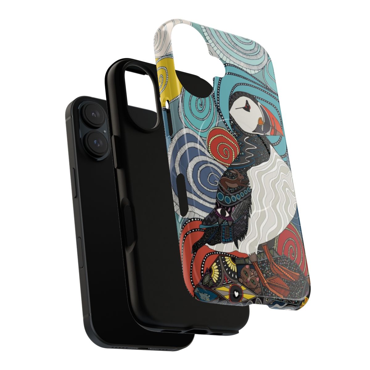 A vibrant phone case featuring a puffin bird in a coastal Cornwall design by artist Sharon Turner. - Layers