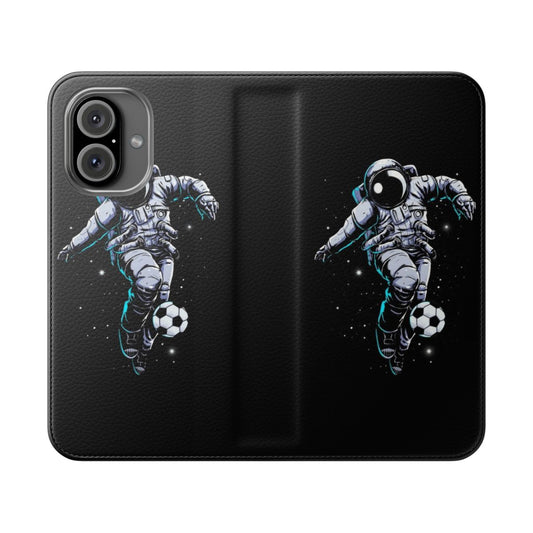 Flip phone case with a space soccer/football design featuring an astronaut, stars, and planets.