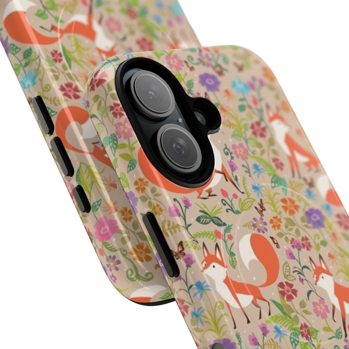 Colorful floral foxes pattern on a protective phone case - Detail