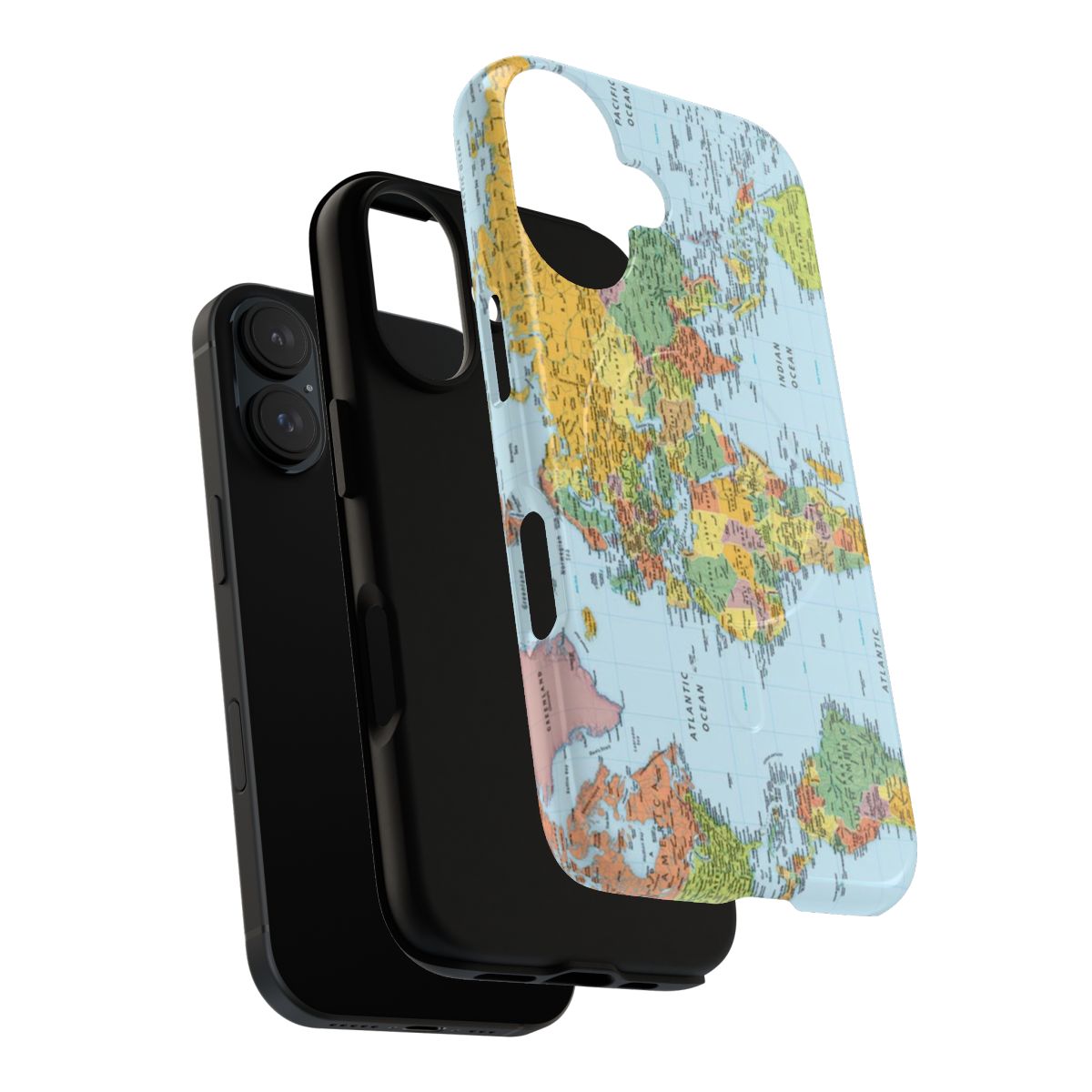 Closeup of a world map printed on a protective phone case with a magnetic closure - Layers