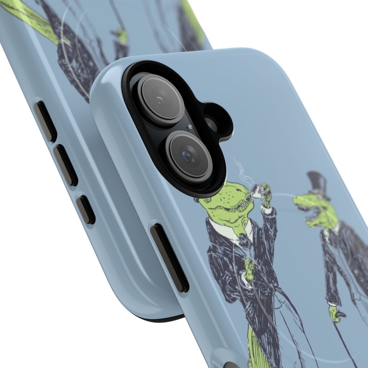 Magnetic tough phone cases featuring illustrations of a Tyrannosaurus Rex and Velociraptor dressed as gentlemen. - Detail