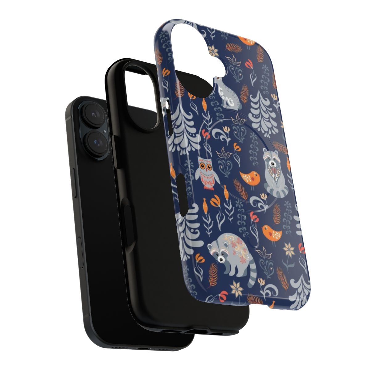 A fairytale forest pattern featuring raccoons, owls, bunnies, and a little chick on a tough magnetic phone case. - Layers