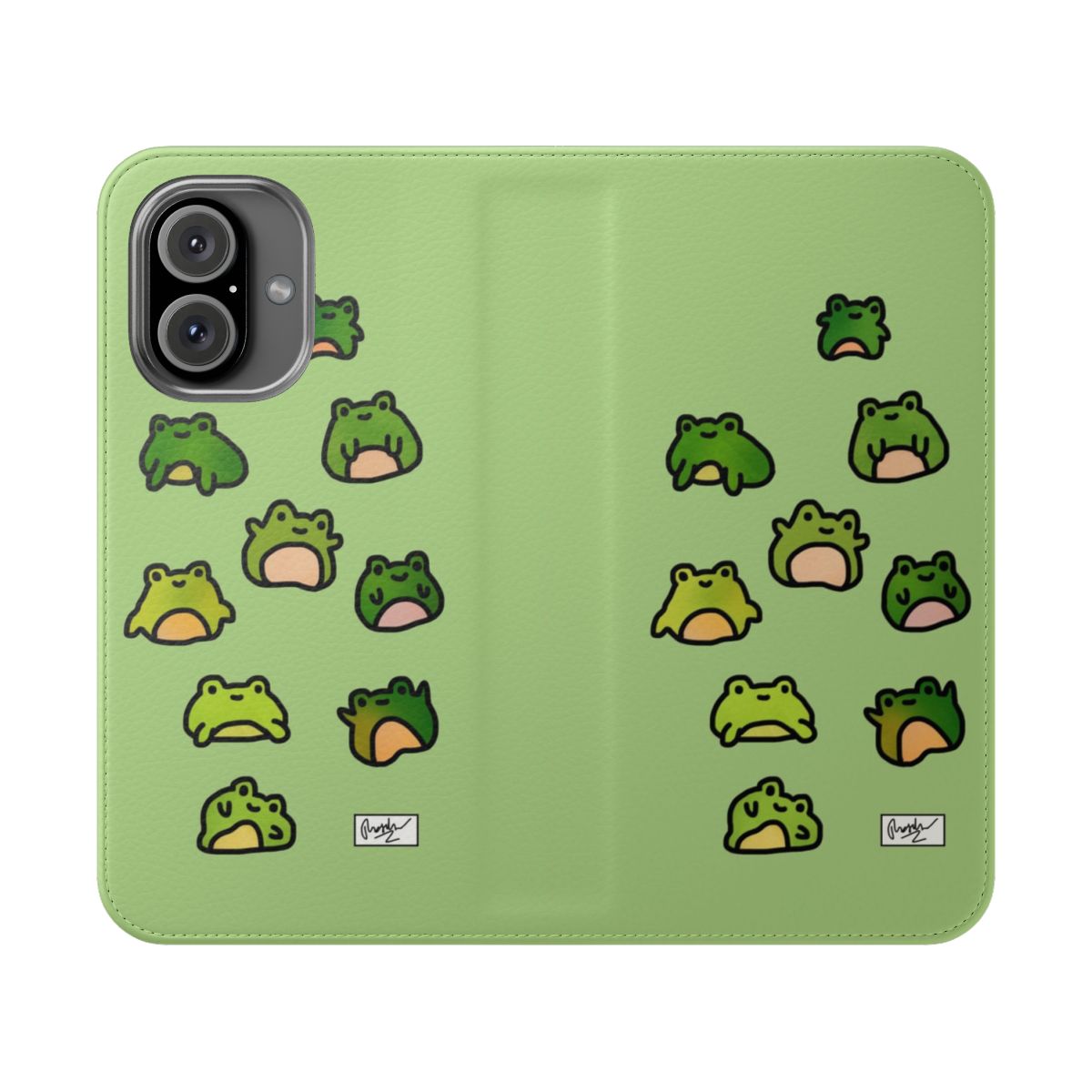 Artistic doodle illustration of a group of frogs on a flip phone case