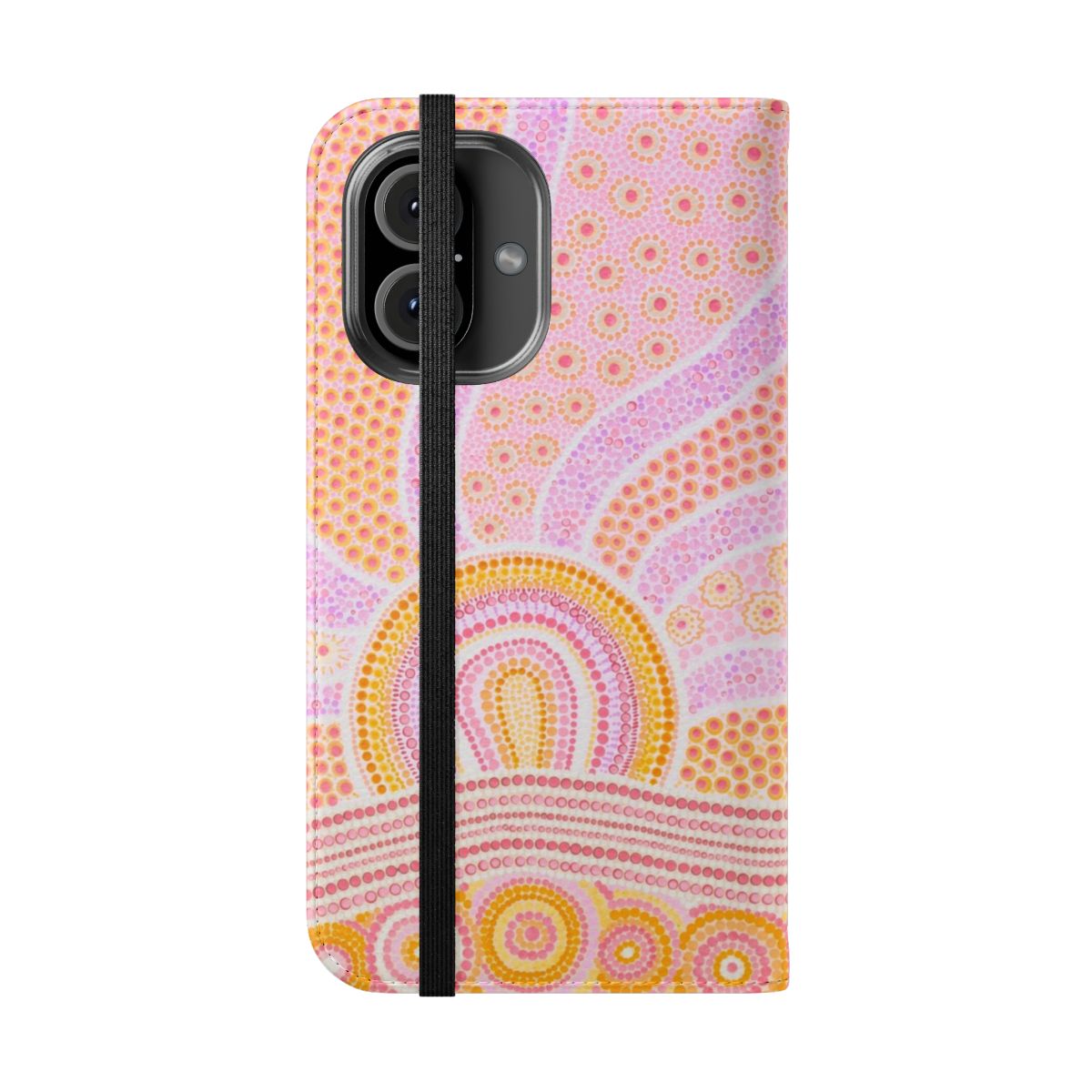 Vibrant tribal pattern flip cover phone case with aboriginal, indigenous, and first nations inspired dot painting design - Folded Front