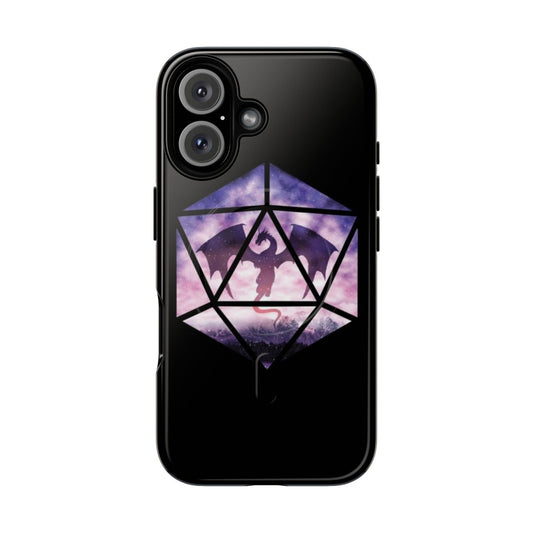 A phone case featuring a purple dragon-themed d20 dice design, perfect for tabletop role-playing game enthusiasts.