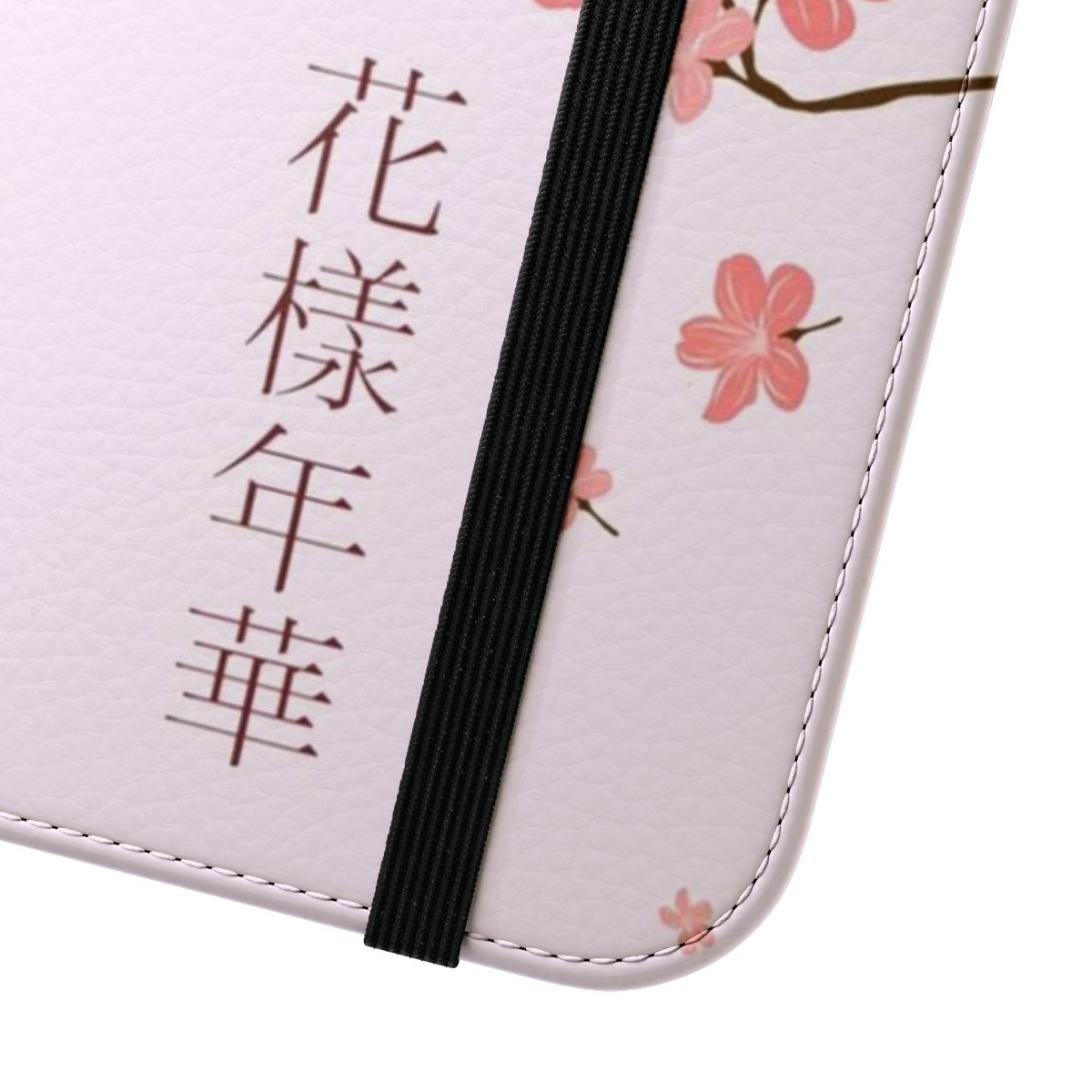 Cherry blossom patterned flip phone case featuring BTS design - Close Up