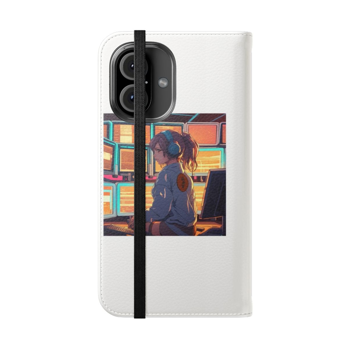 Cyberpunk-inspired flip cover phone case featuring a female hacker in a futuristic, technological setting - Folded Front