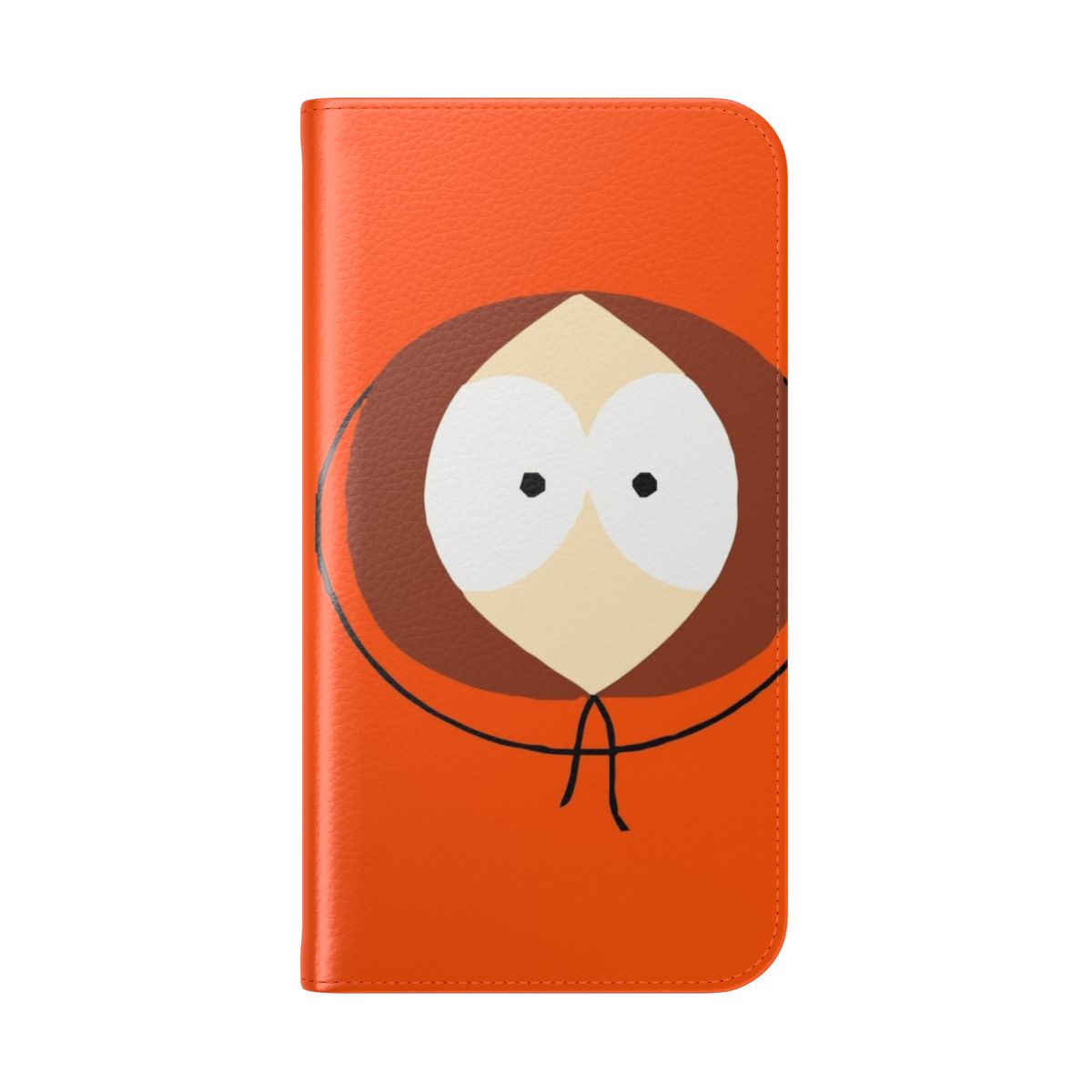 Vibrant flip cover phone case with a playful cartoon design of the character Kenny Mccormick from the popular TV show South Park. - Folded Back