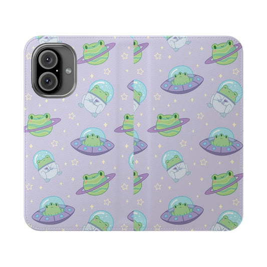 A flip phone case cover featuring a cute, cartoony design of cosmic frogs and space elements.