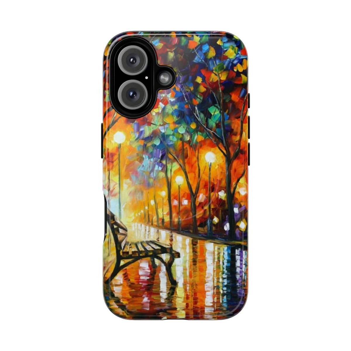 An artistic phone case featuring Leonid Afremov's painting "The Loneliness of Autumn" with a vibrant autumn forest landscape.