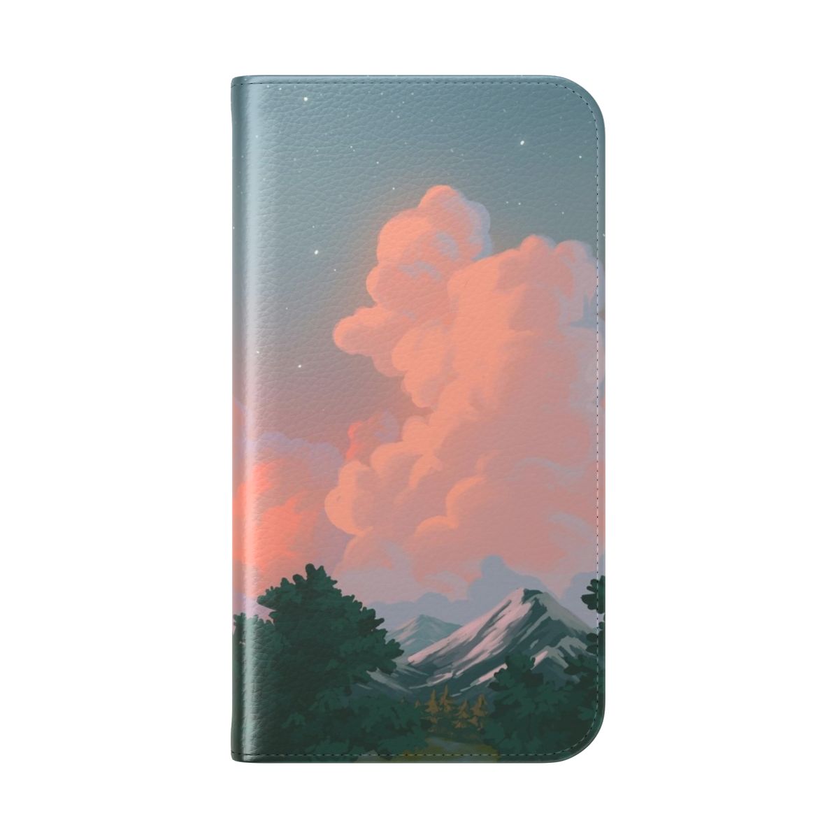 A phone case featuring a serene landscape with mountains, trees, and a sunset sky. - Folded Back