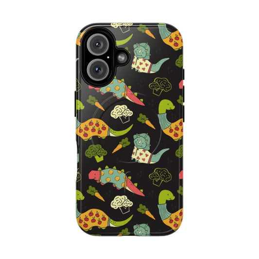 Bright colored phone case featuring dinosaurs and vegetables