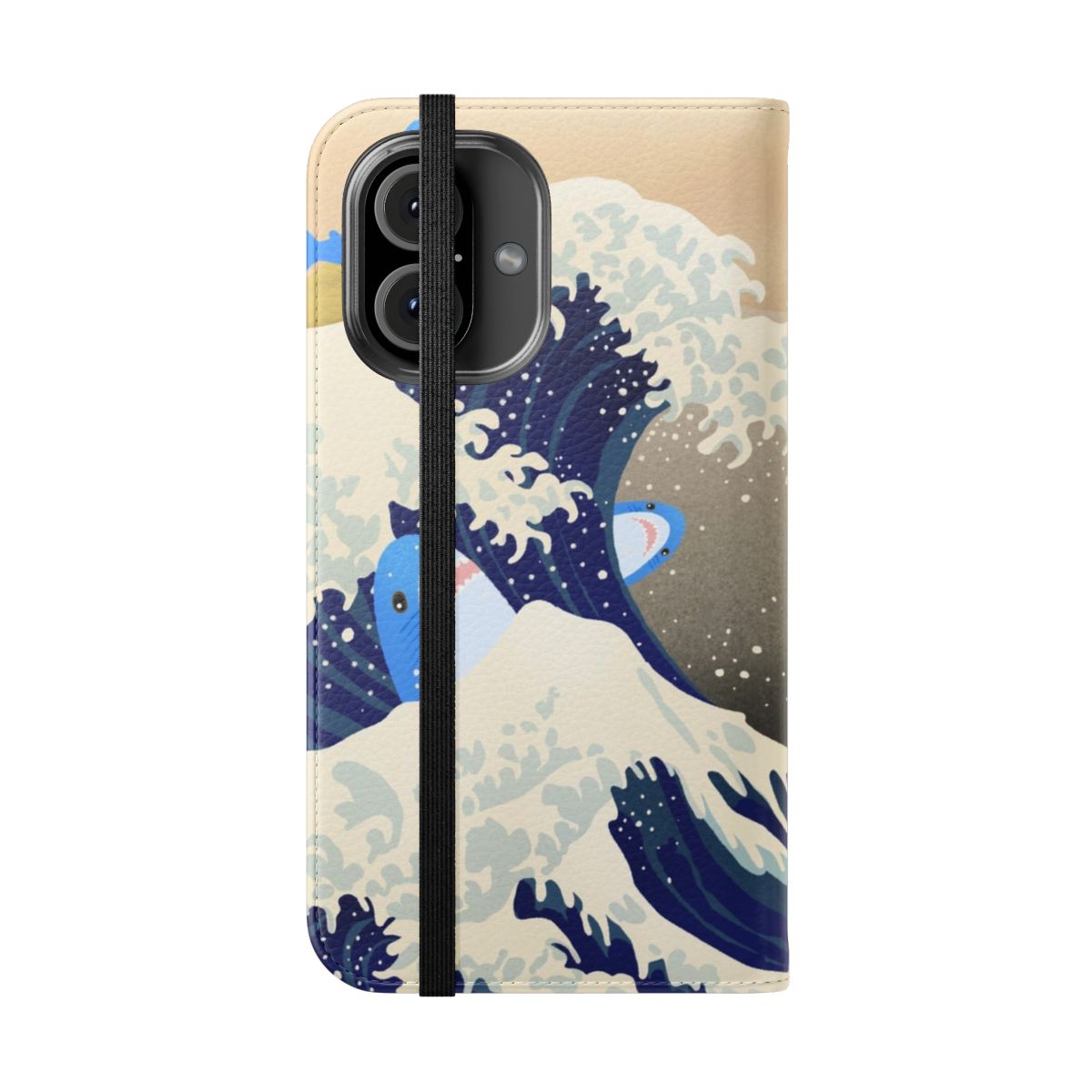 Kawaii shark-themed flip cover phone case with an artistic wave design inspired by the iconic "The Great Wave off Kanagawa" artwork. - Folded Front