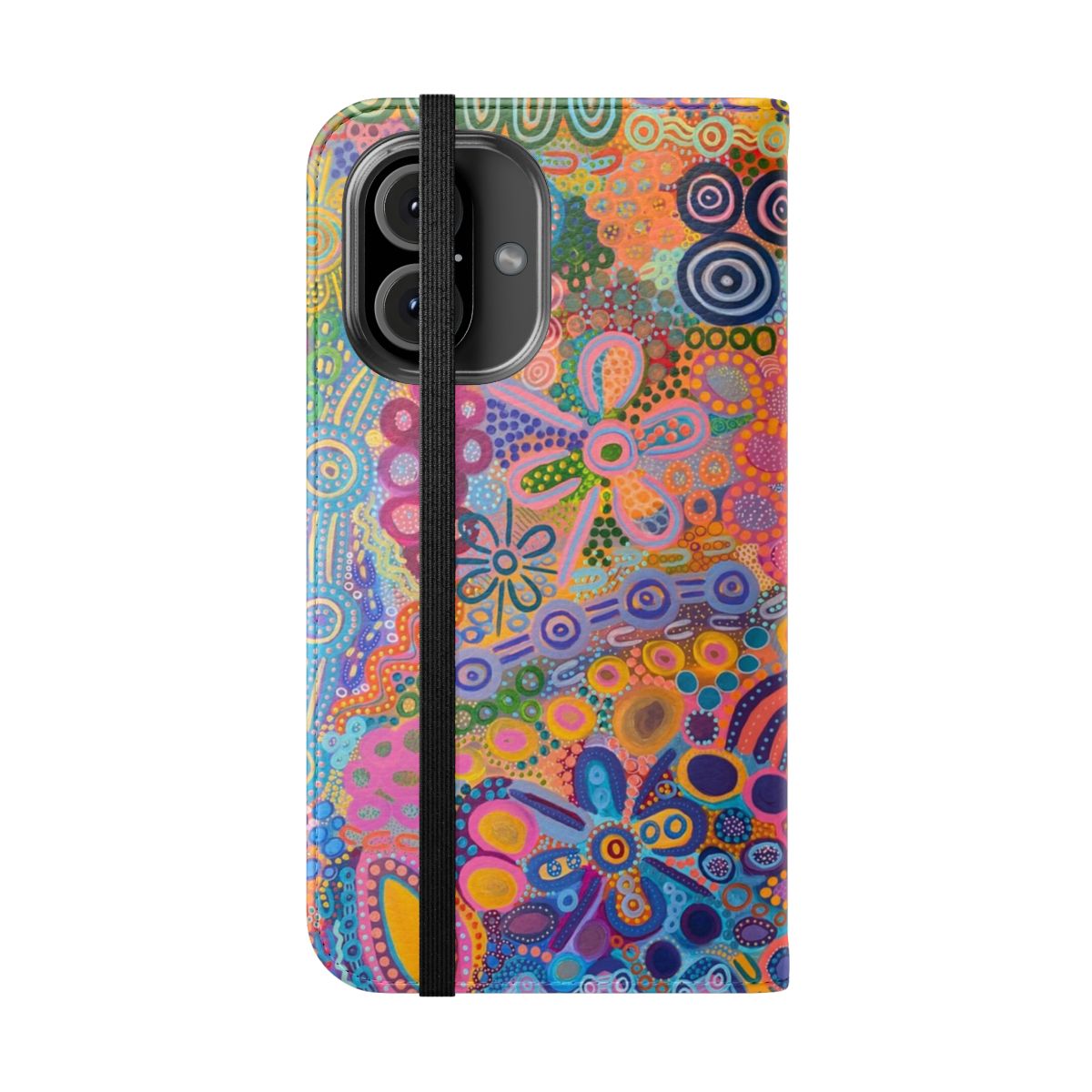 Boho-style phone case featuring aboriginal-inspired artwork by Renee Clifton - Folded Front