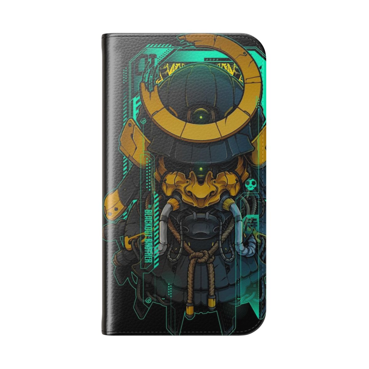 Flip cover phone case featuring a stylized samurai mecha design with oni and hannya elements. - Folded Back