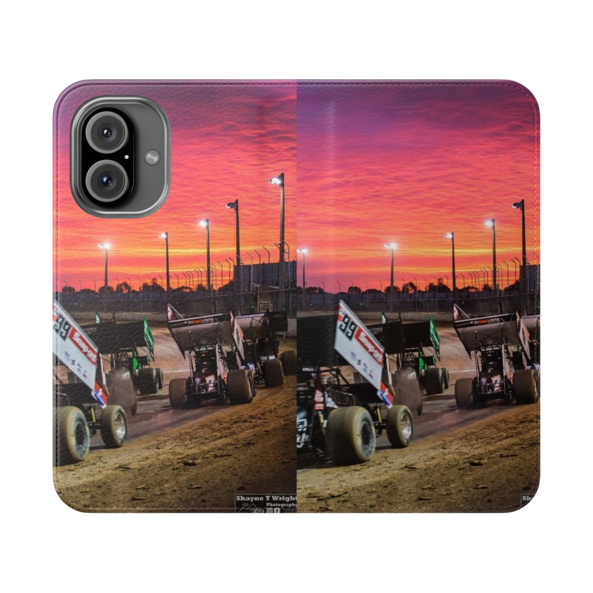 Flip cover phone case featuring a vibrant sunset over a speedway track with race cars.