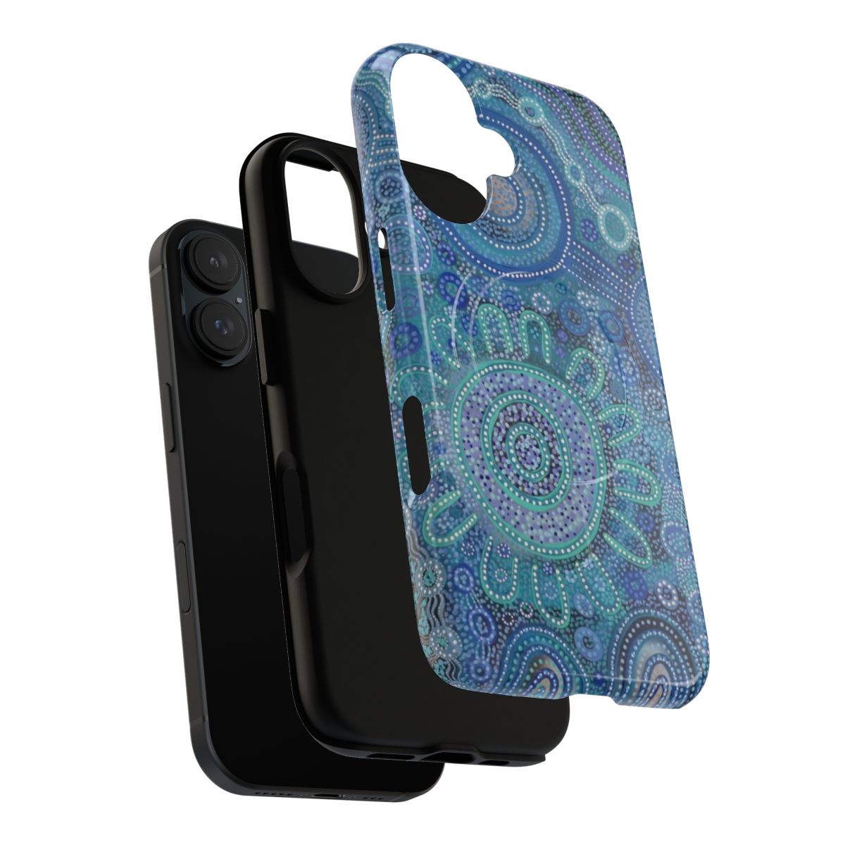 A blue and white phone case featuring an aboriginal-inspired design with a family gathering at the beach. - Layers