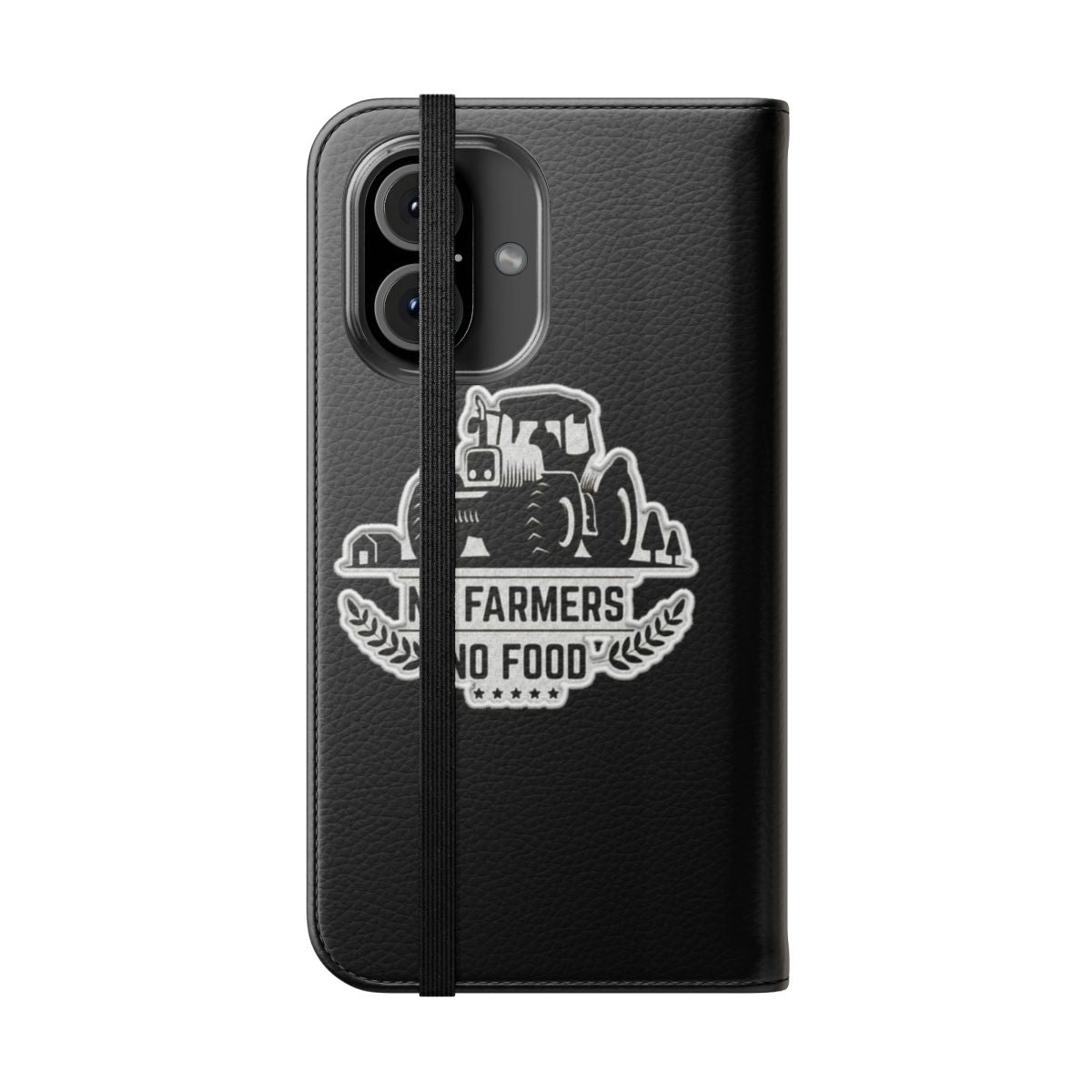 Flip cover phone case with "No Farmers No Food" patch design, supporting farmers and agriculture. - Folded Front