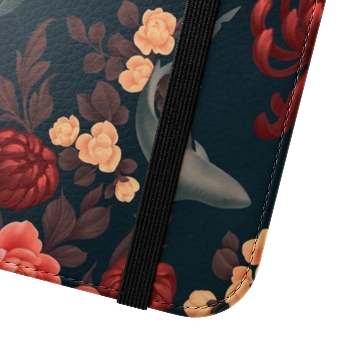 Botanical shark-patterned flip phone case with floral and vintage elements - Close Up