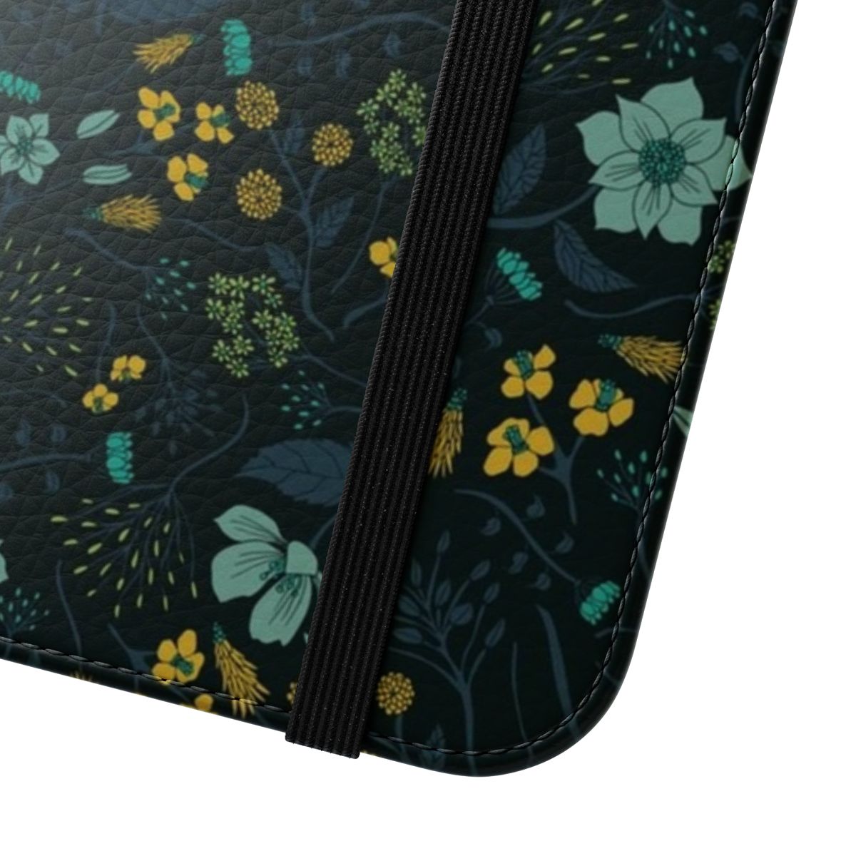 Colorful floral pattern flip phone case in shades of turquoise, yellow, green, and navy blue. - Close Up