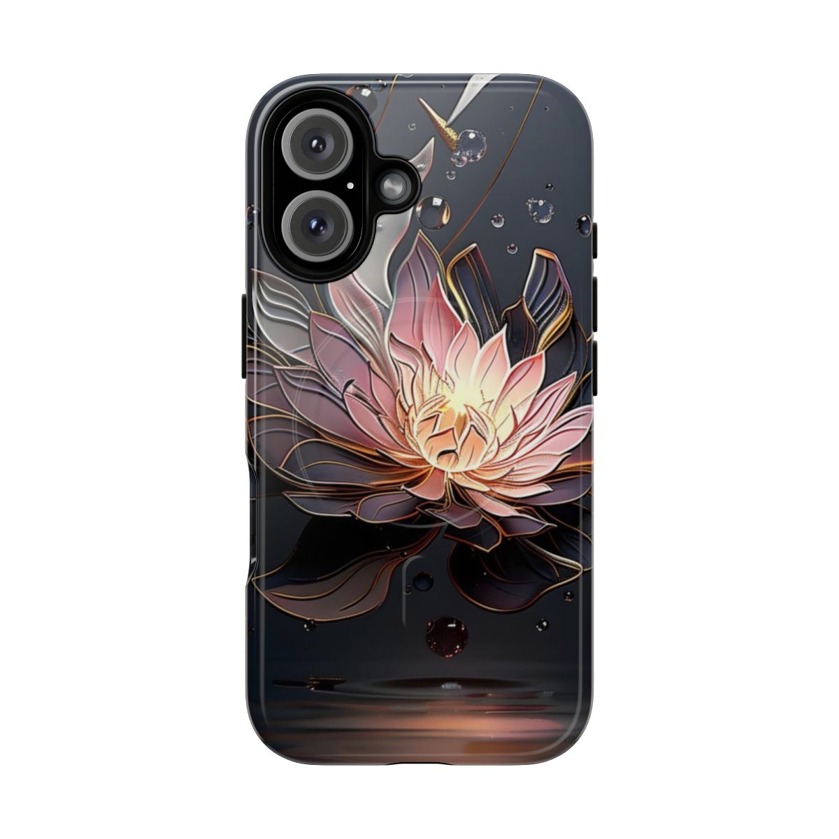 Stunning reflective water lotus flower print on a protective magnetic phone case