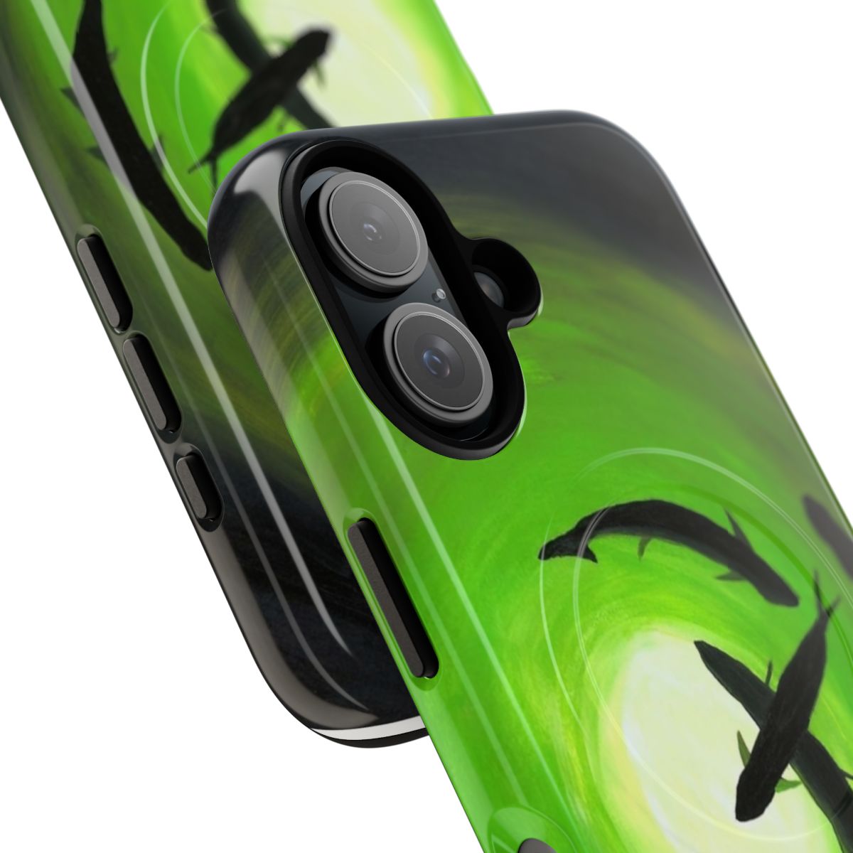 Phone case with a vibrant green swirl pattern featuring a snook fish, perfect for fishing and ocean enthusiasts. - Detail