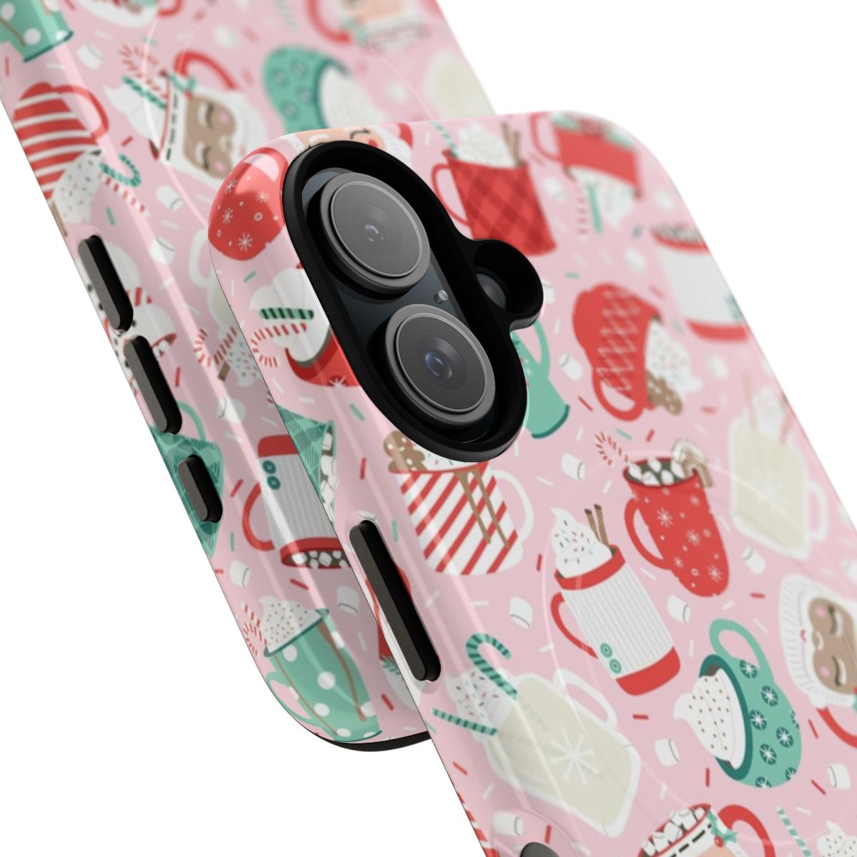 Pink phone case with Christmas-themed design including hot chocolate, marshmallows, and sprinkles - Detail