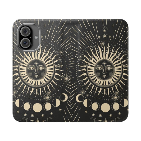 Flip cover phone case with a mystic sun and moon phases design