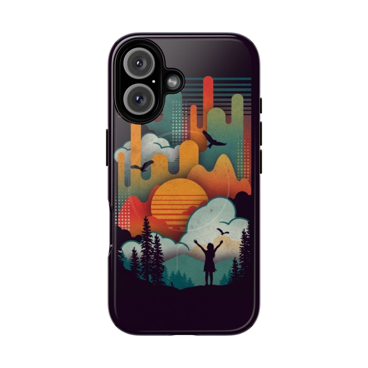 A silhouetted nature scene depicting a sunrise or sunset, showcased on a magnetic phone case.