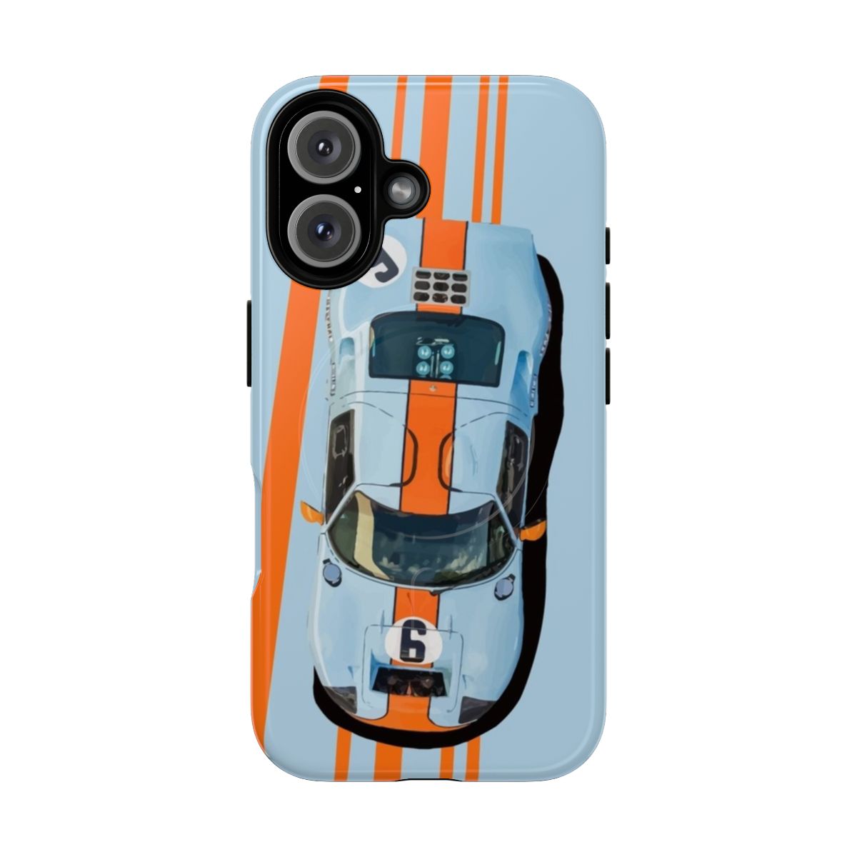 Retro artwork of a blue and orange Ford GT40 MK2 race car on a phone case.