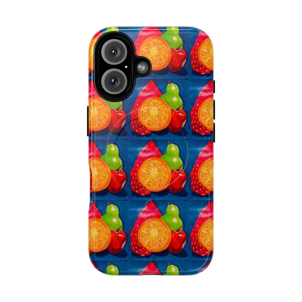 Vibrant and modern phone case featuring a fruit medley design in pop art style.