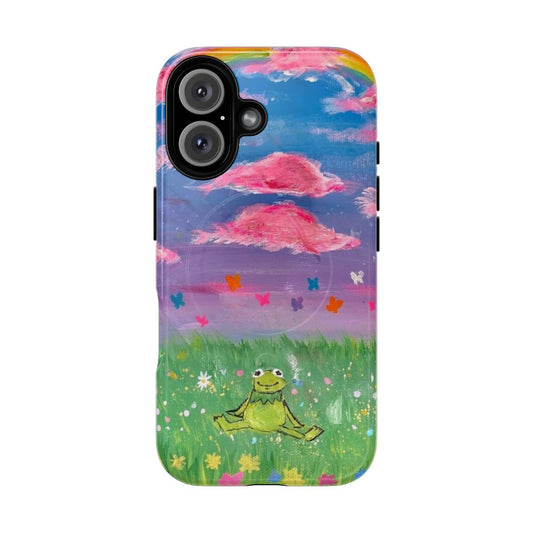 Vibrant rainbow-colored phone case with an illustration of Kermit the Frog, the popular Muppet character.